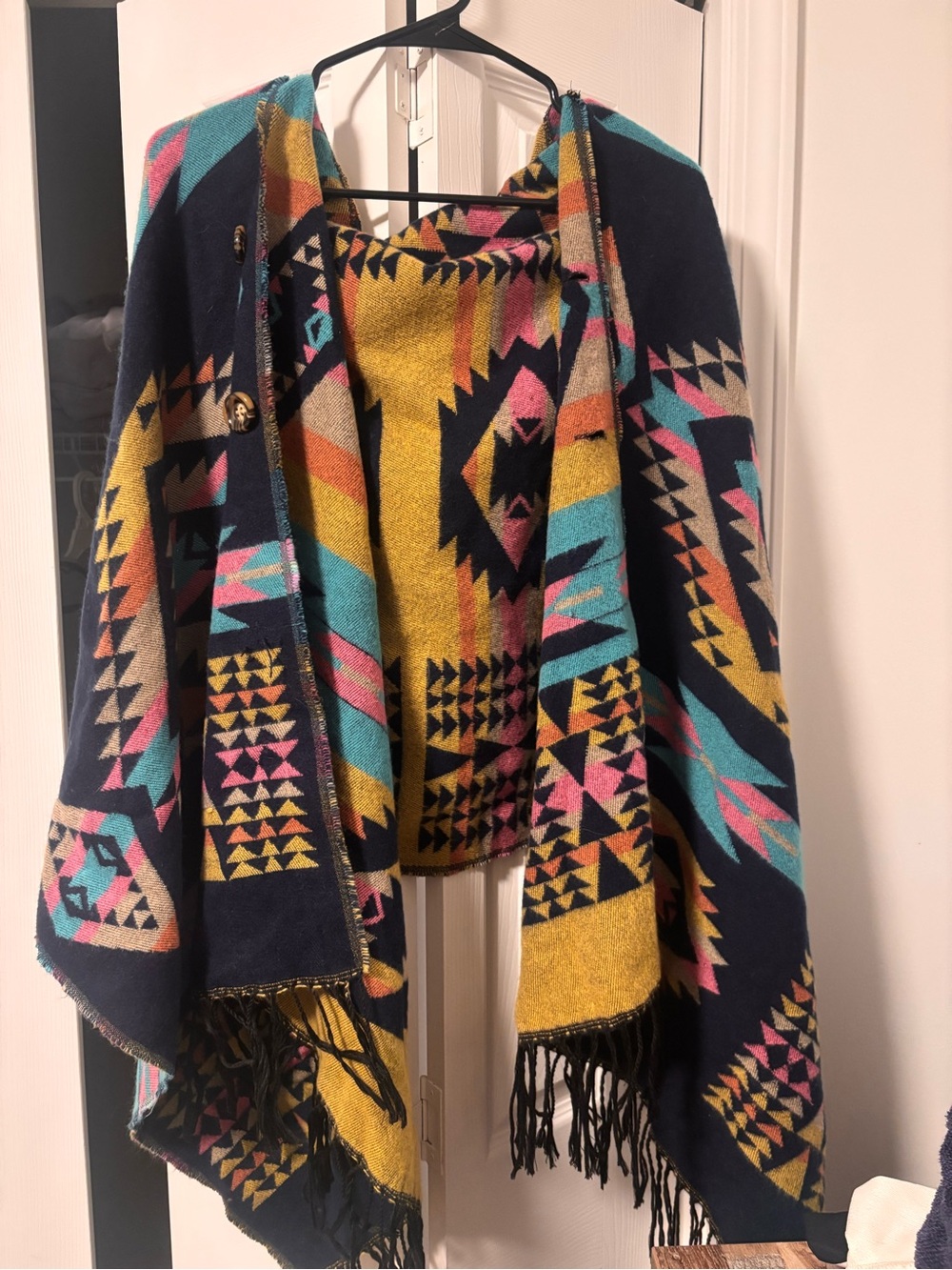 living doll Multicolor Geometric Knit Poncho- Yellow, Black, Orange, Pink